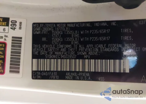 2021 Toyota Sienna Le z USA, uszkodzony, nr VIN 5TDKRKEC1MS029507